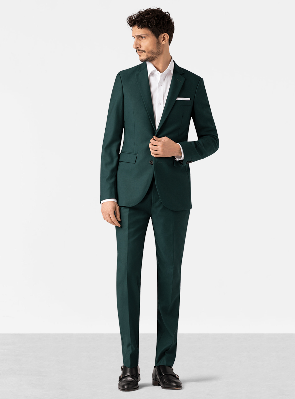 Green suit, white dress shirt and black monk straps