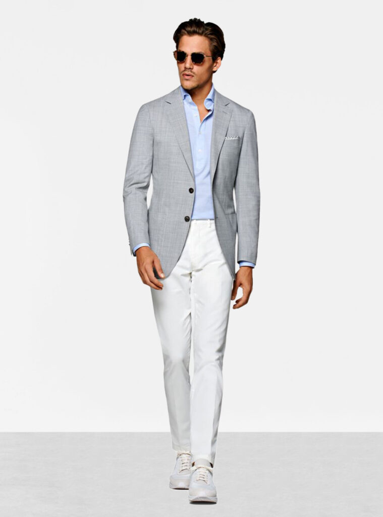 grey blazer, blue dress shirt, off-white pants, white sneakers