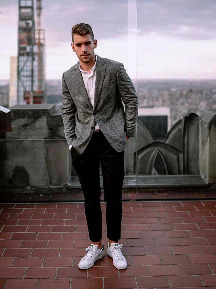 grey blazer white button down shirt black pants white sneakers