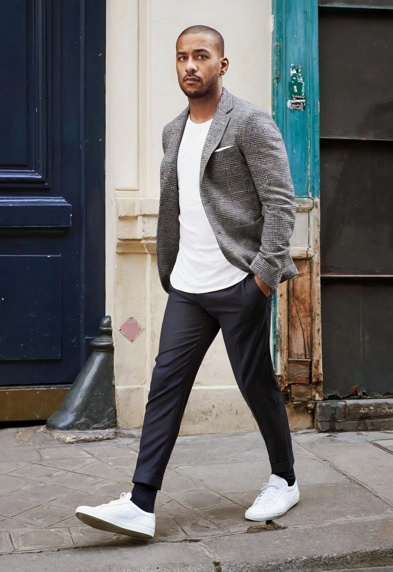 grey blazer, white t-shirt, charcoal slacks, and white sneakers