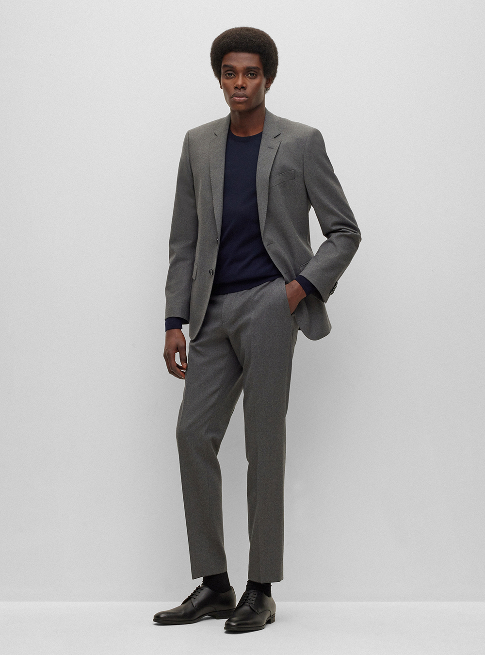 grey suit, navy crew neck sweater, and black derby shoes