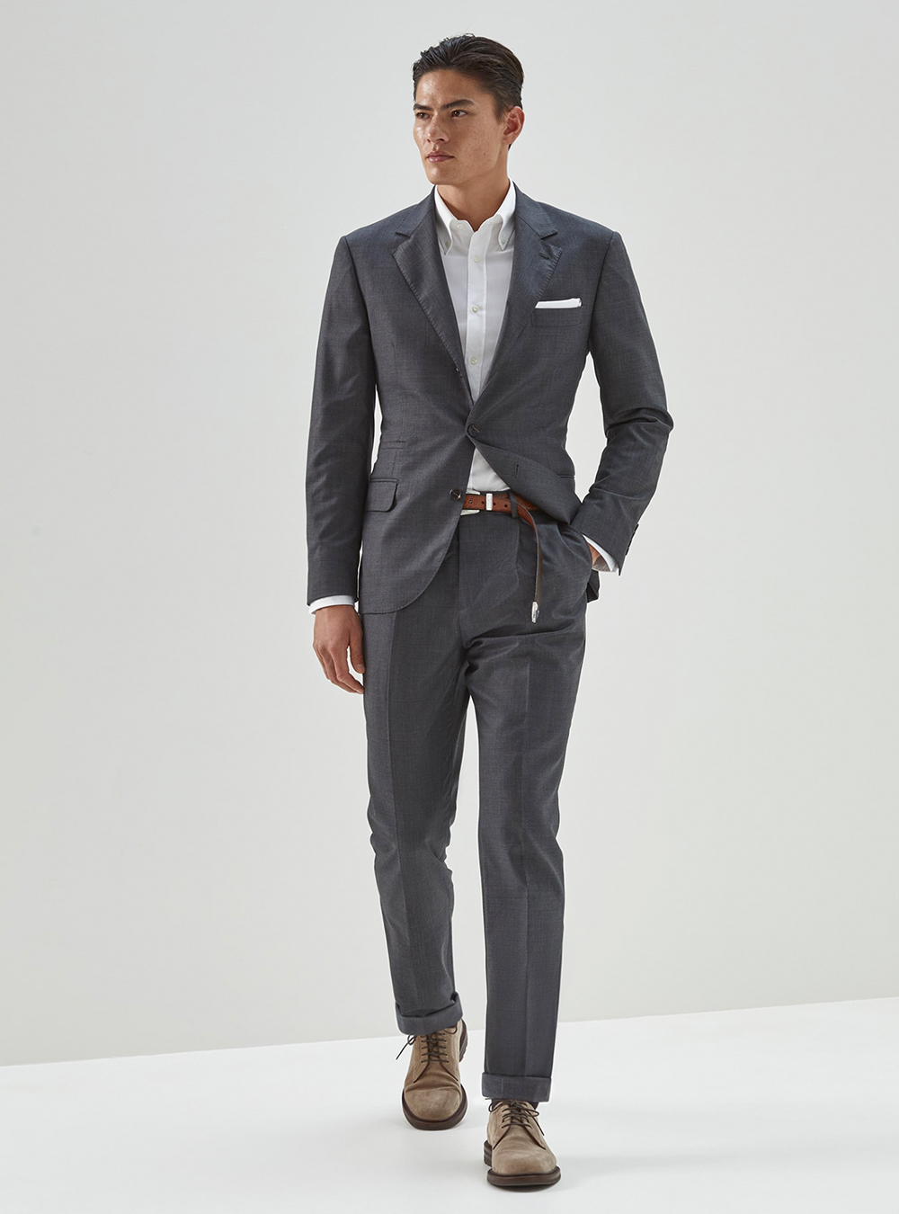 Grey suit, white dress shirt and beige suede derby shoes