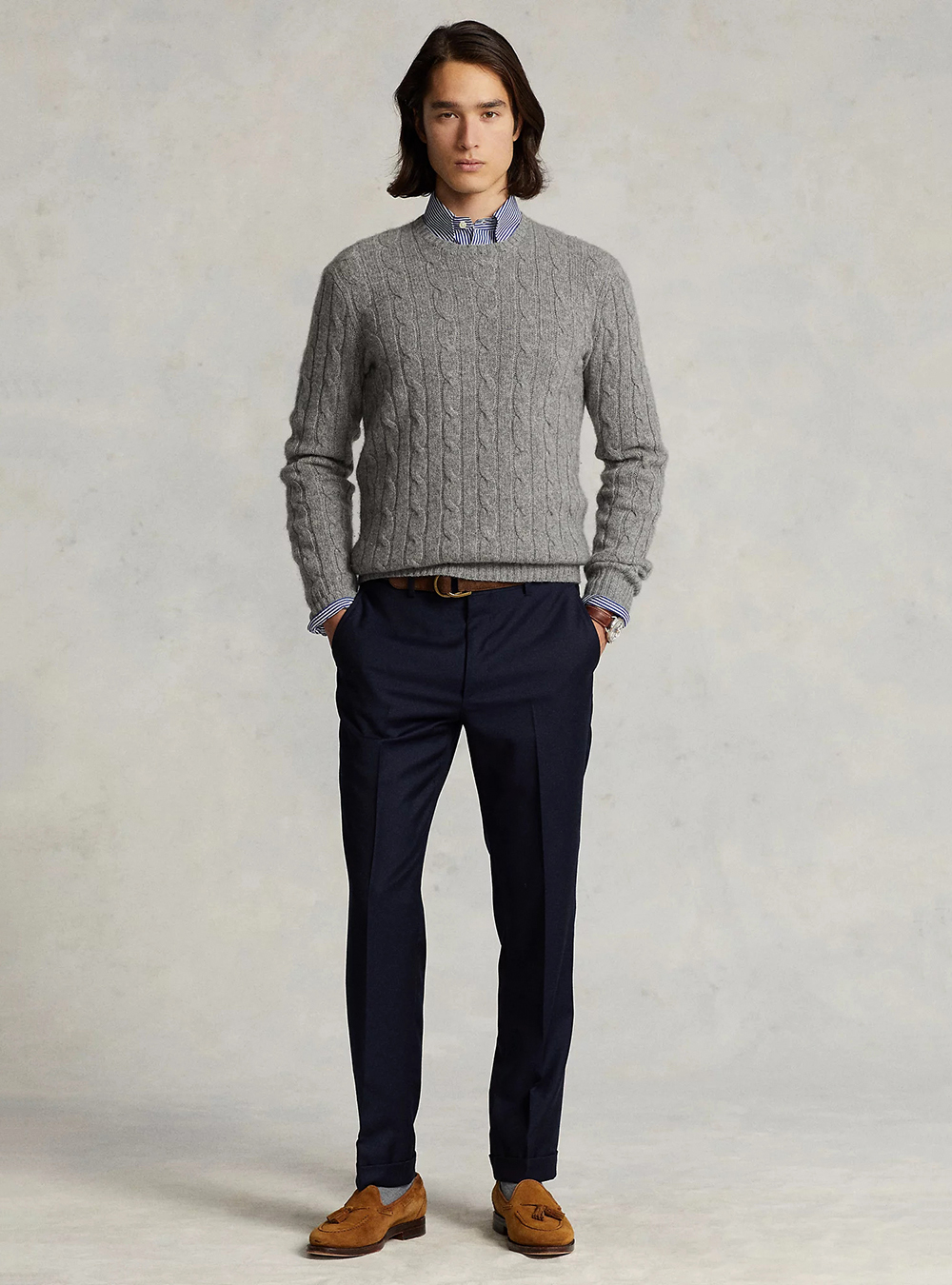 grey sweater, blue shirt, navy pants, and brown suede loafers