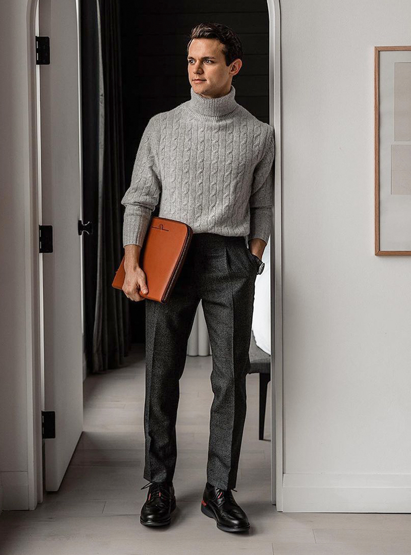 grey turtleneck, charcoal dress pants, and black derby brogues