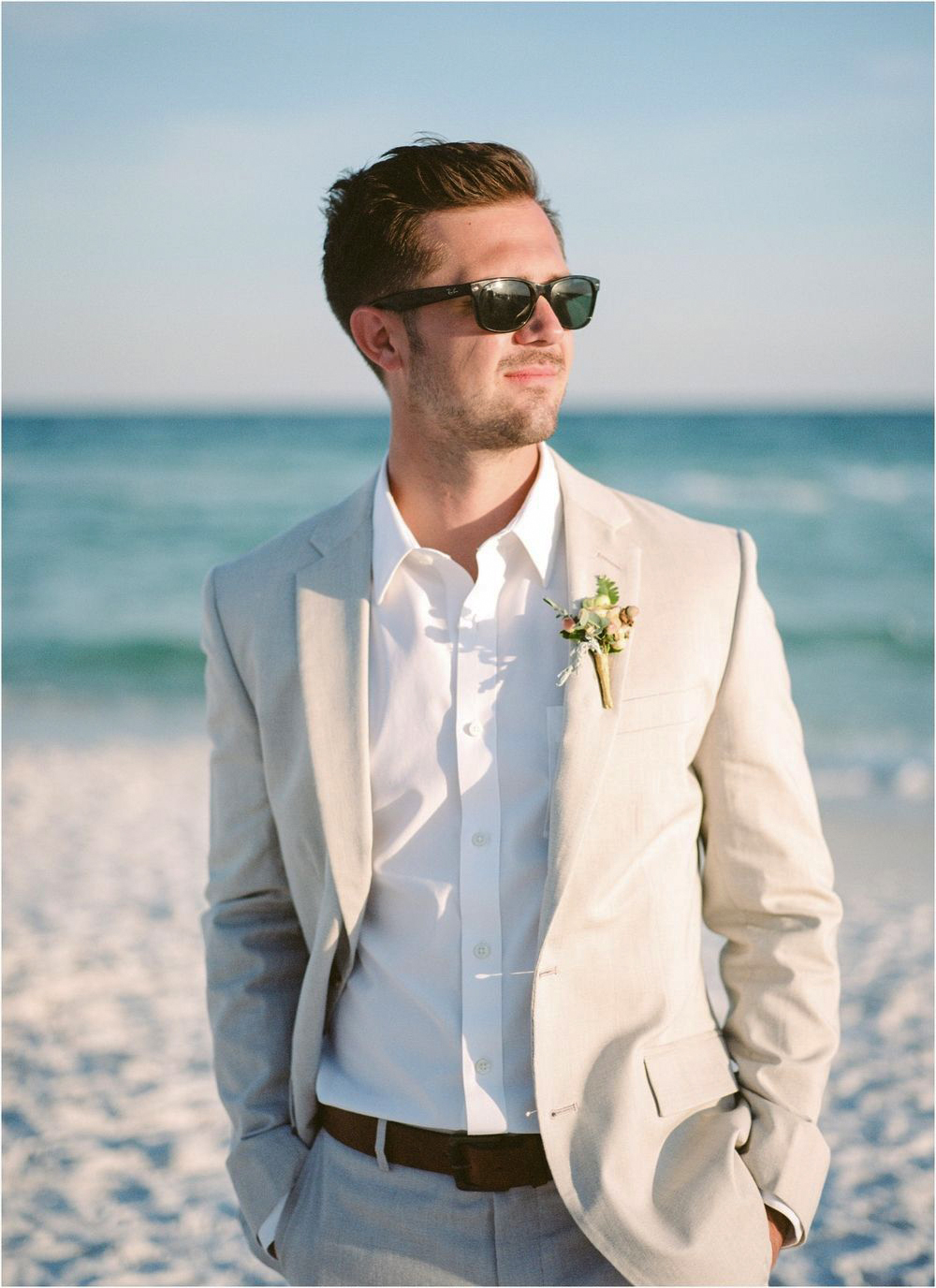 tan cotton suit for summer beach wedding attire
