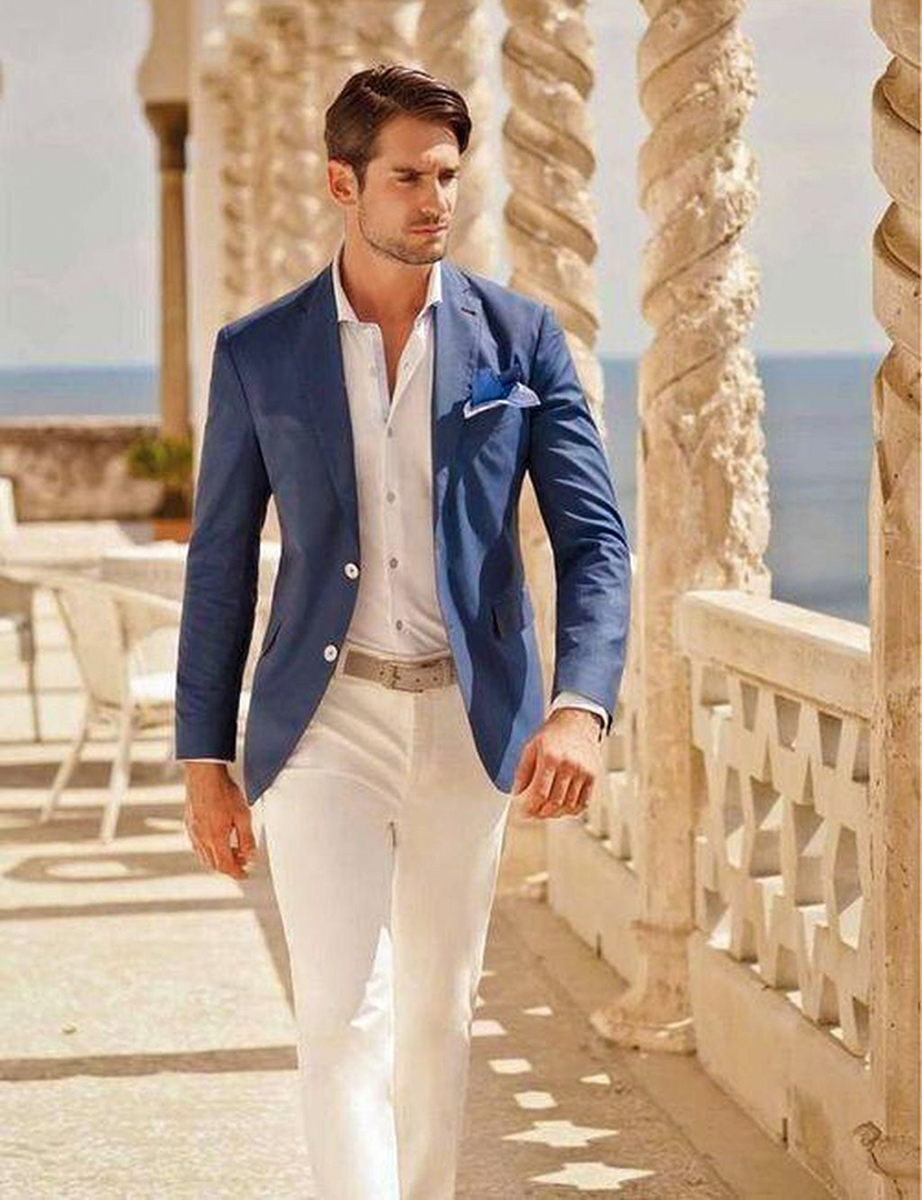 guest dressing more casually: blue blazer white shirt 