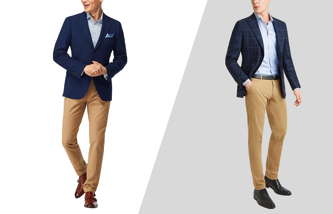 how to match a blue dress shirt with navy blazer and khaki pants