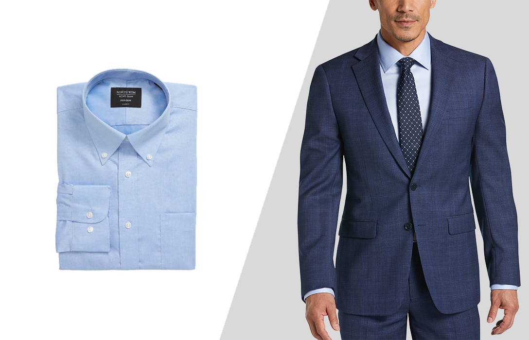 how to match a checked navy suit with a blue dress shirt