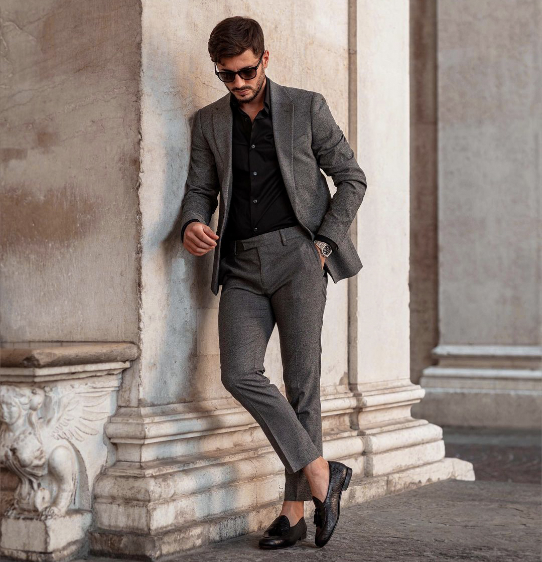 match black loafers with grey suit and black dress shirt