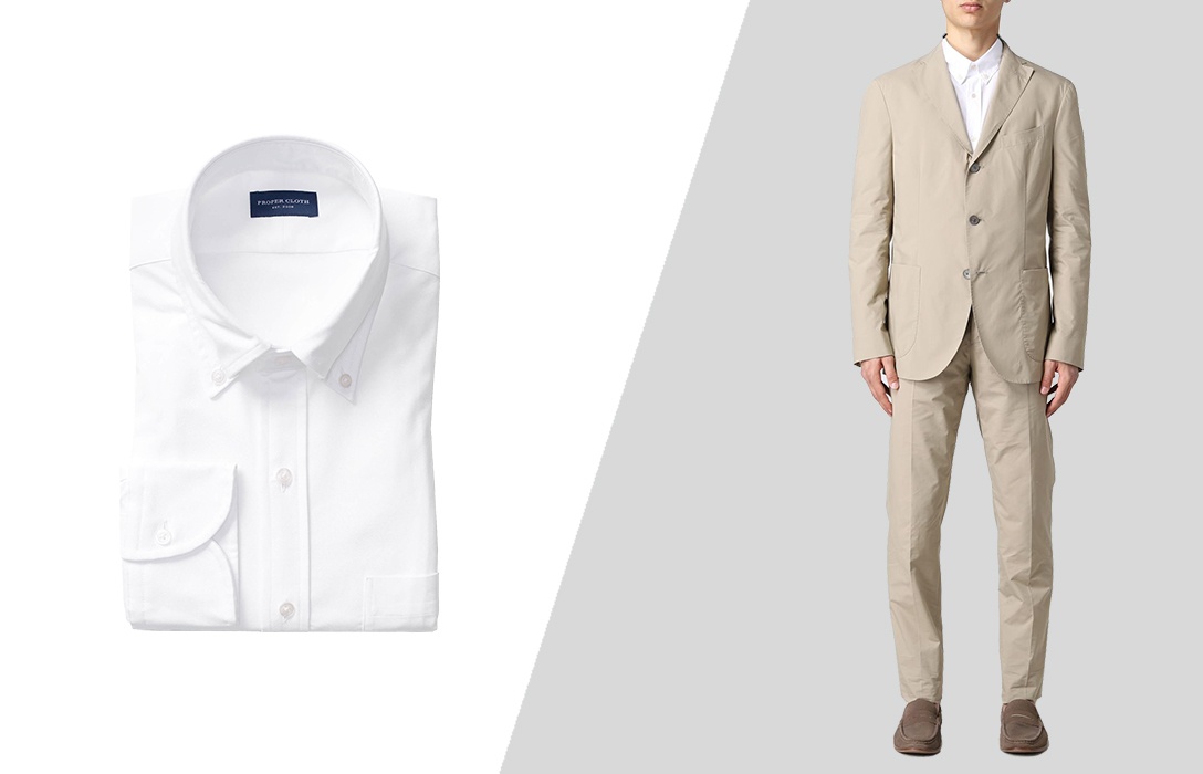 how to wear beige cotton suit with white dress shirt