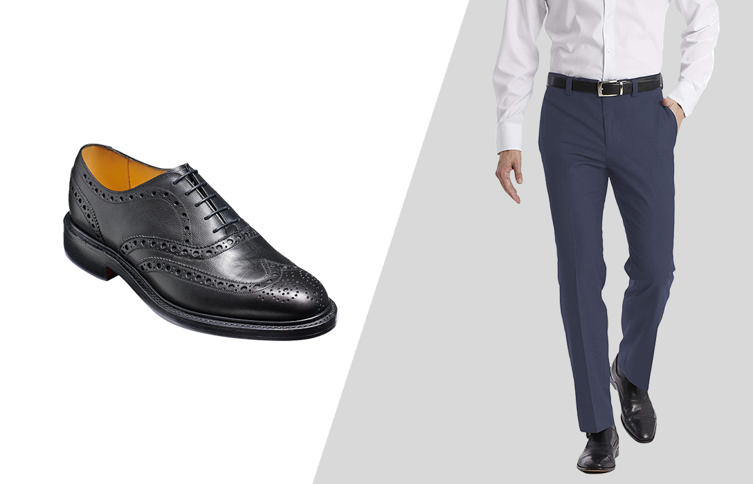 how to wear black brogue wedding shoes with navy pants as a groom