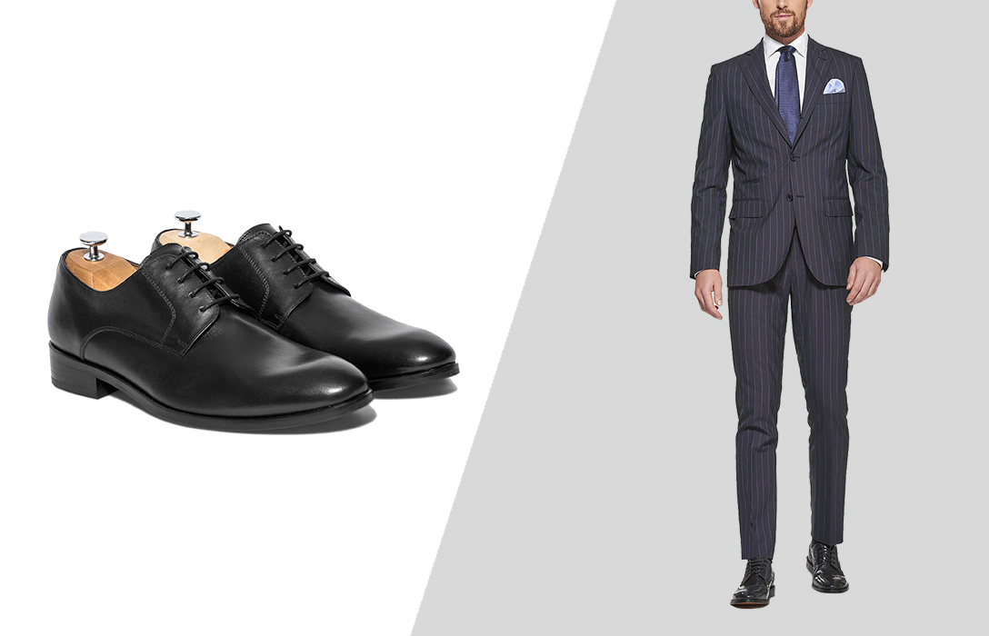 how to wear black derby dress shoes with charcoal grey pinstripe suit