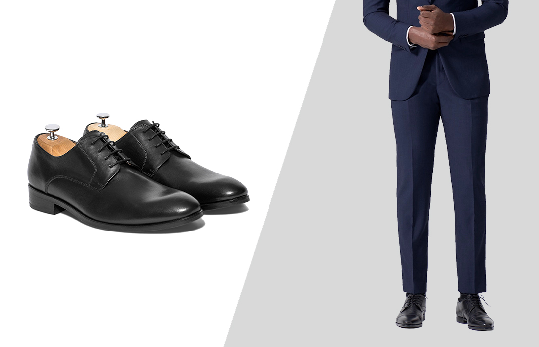 how to wear black derby shoes and navy pants formally