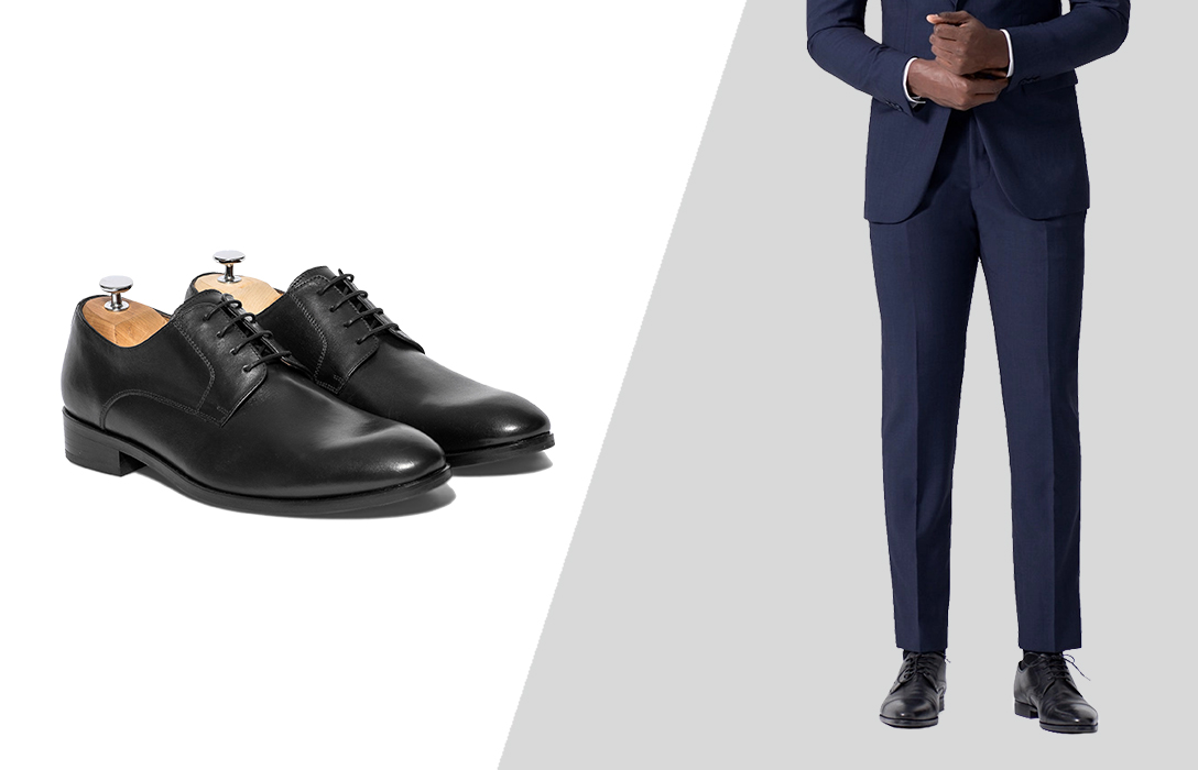 Blue pants black shoes what shop color shirt