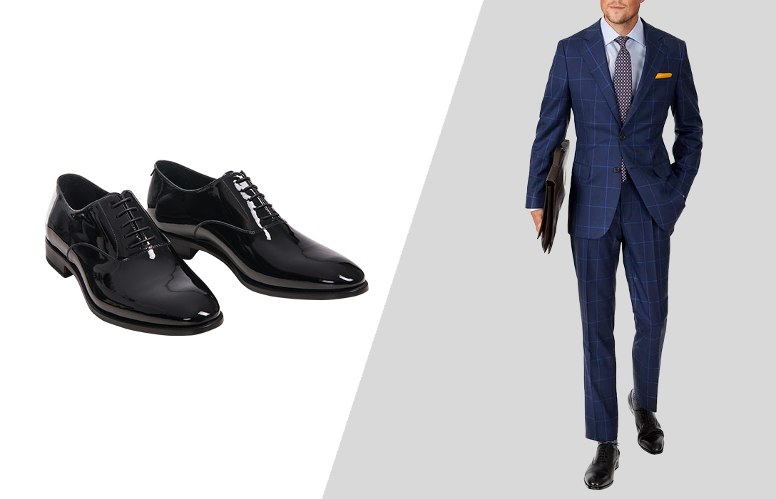 how to wear black dress shoes with navy checkered suit