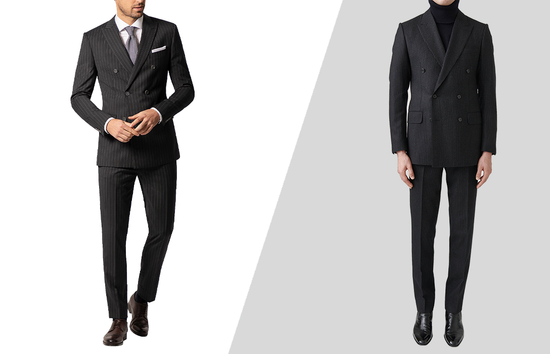 how to wear black pinstripe suit with shirt and turtleneck