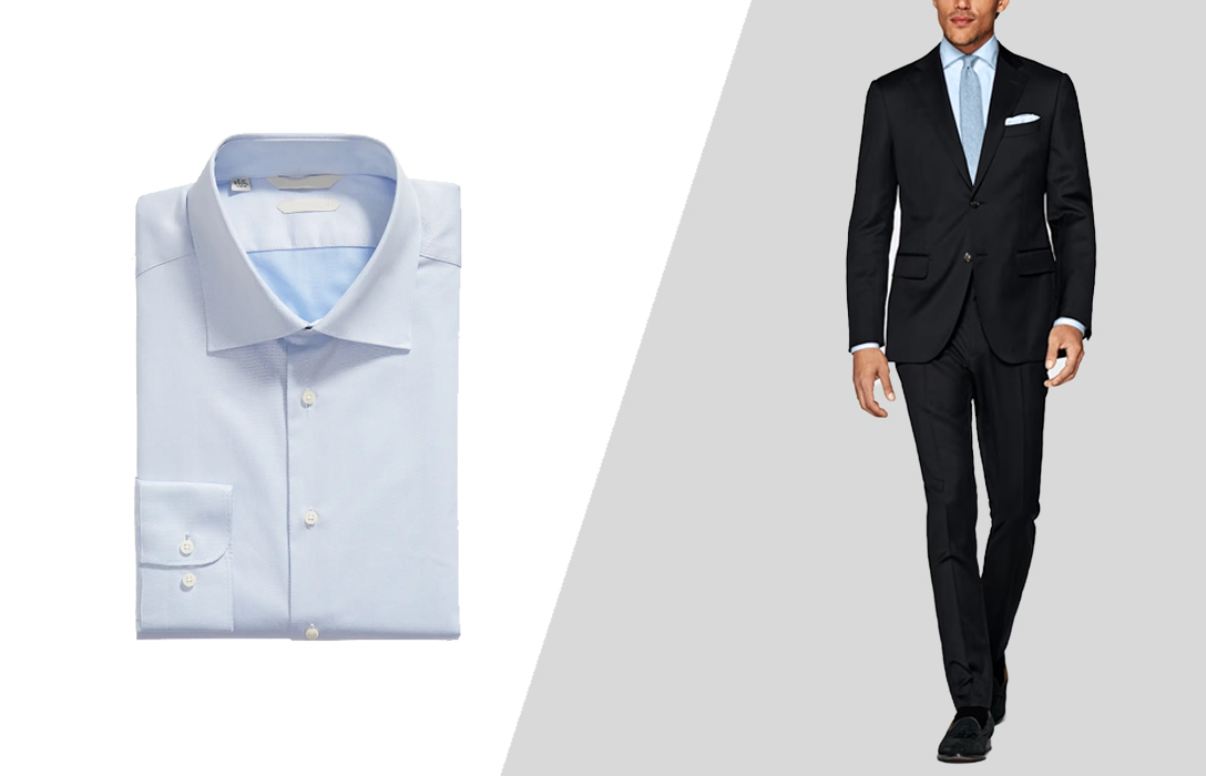 how to wear a blue stirped dress shirt with a black suit