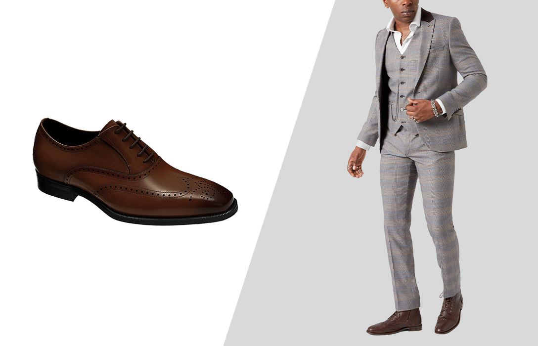 how to wear brown derby shoes with grey checkered suit