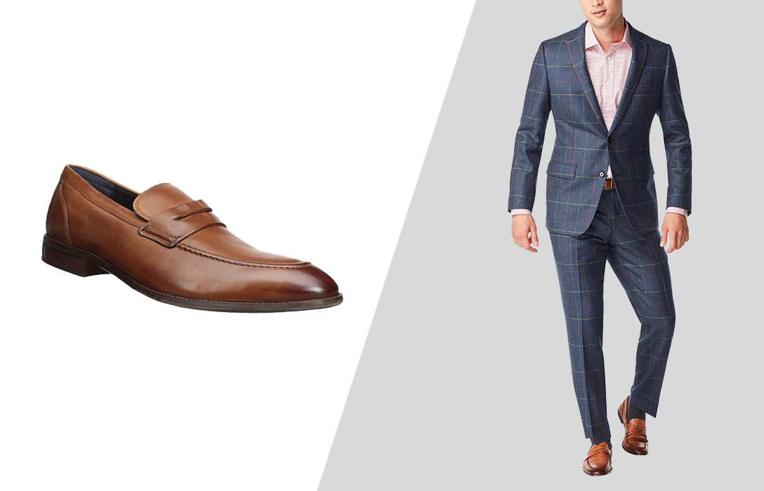 how to wear brown loafers with blue checkered suit