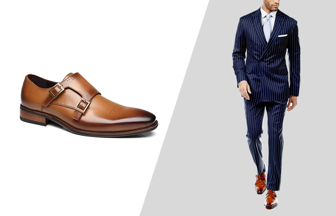 how to wear brown monk strap shoes with navy pinstripe wedding suit