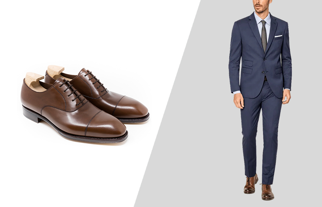 how to wear brown Oxford shoes with a navy blue suit