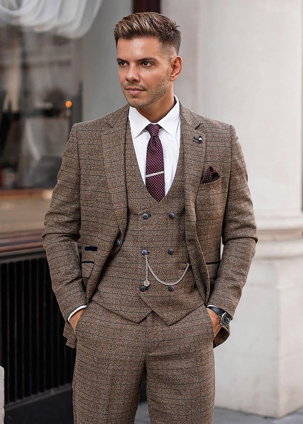 khaki tweed suit