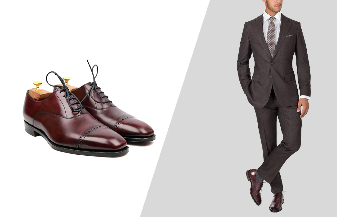 burgundy Oxford shoes with a charcoal grey suit