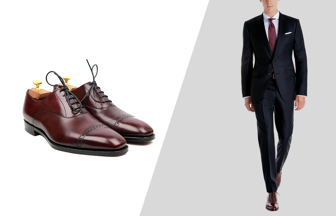 burgundy Oxford shoes with a navy suit