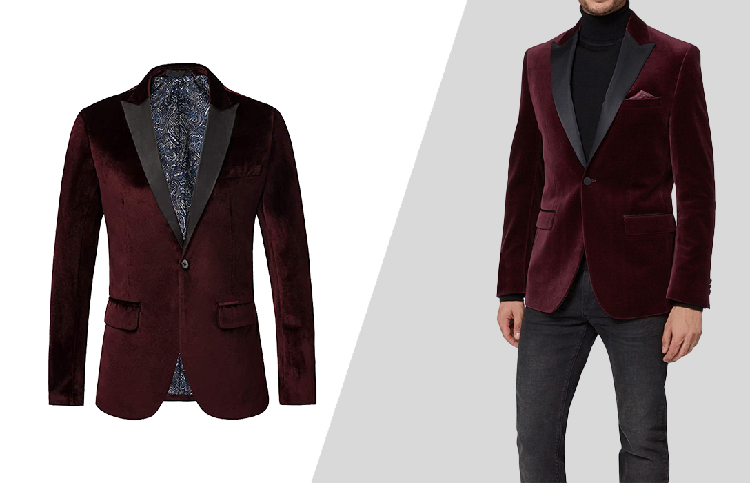 burgundy/dark red velvet jacket and dark grey jeans