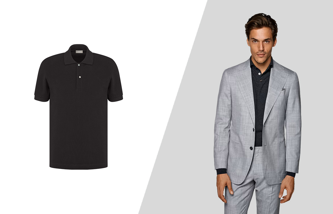 how to wear a grey suit with a black polo shirt