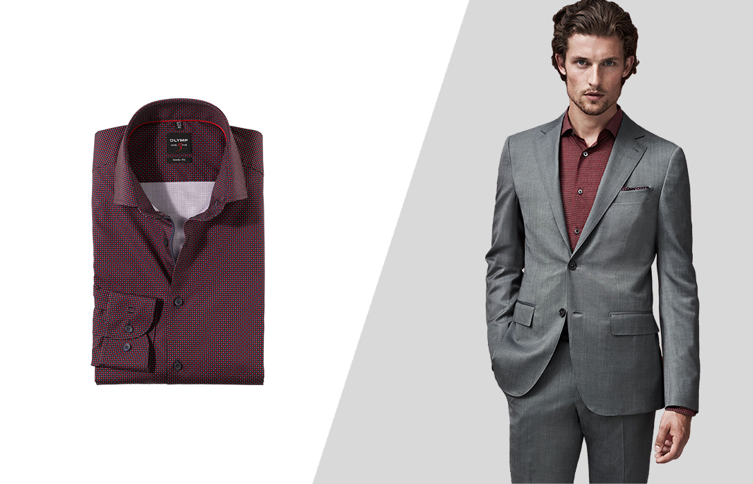 how to wear gray suit with dark red pattern shirt