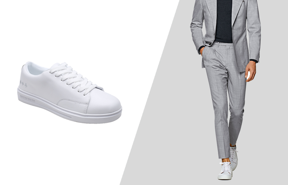 how to wear grey suit with white shoes