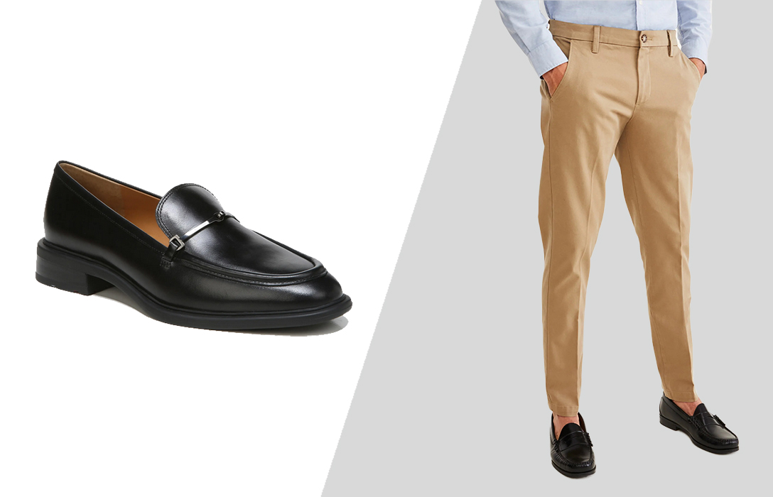 wearing khaki pants and black loafers