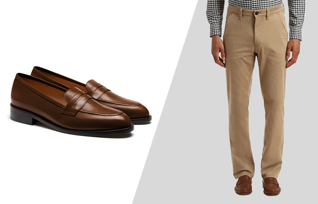 wearing khaki pants and brown loafers
