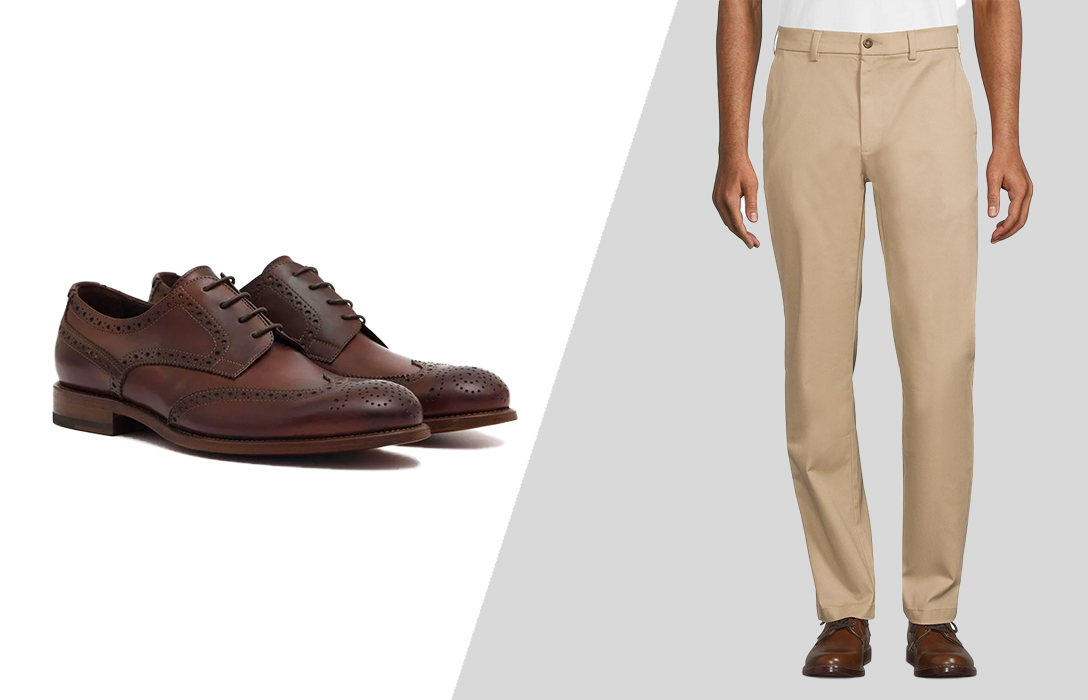 how to wear khaki pants and brown brogue derby shoes