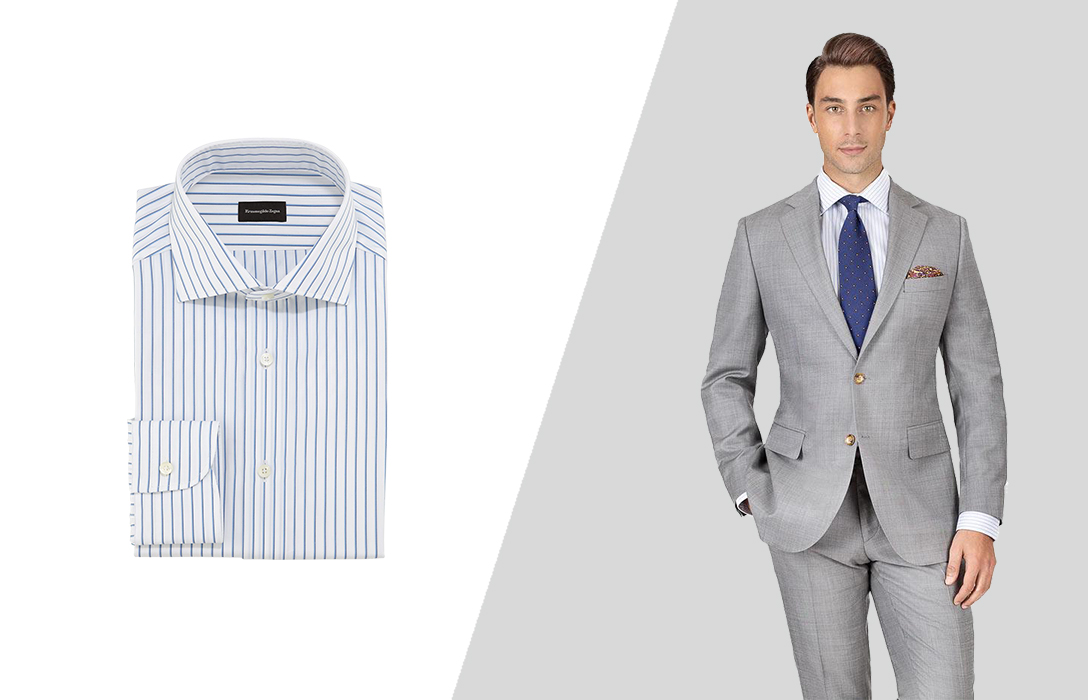 how to wear light grey suit with blue stried dress shirt