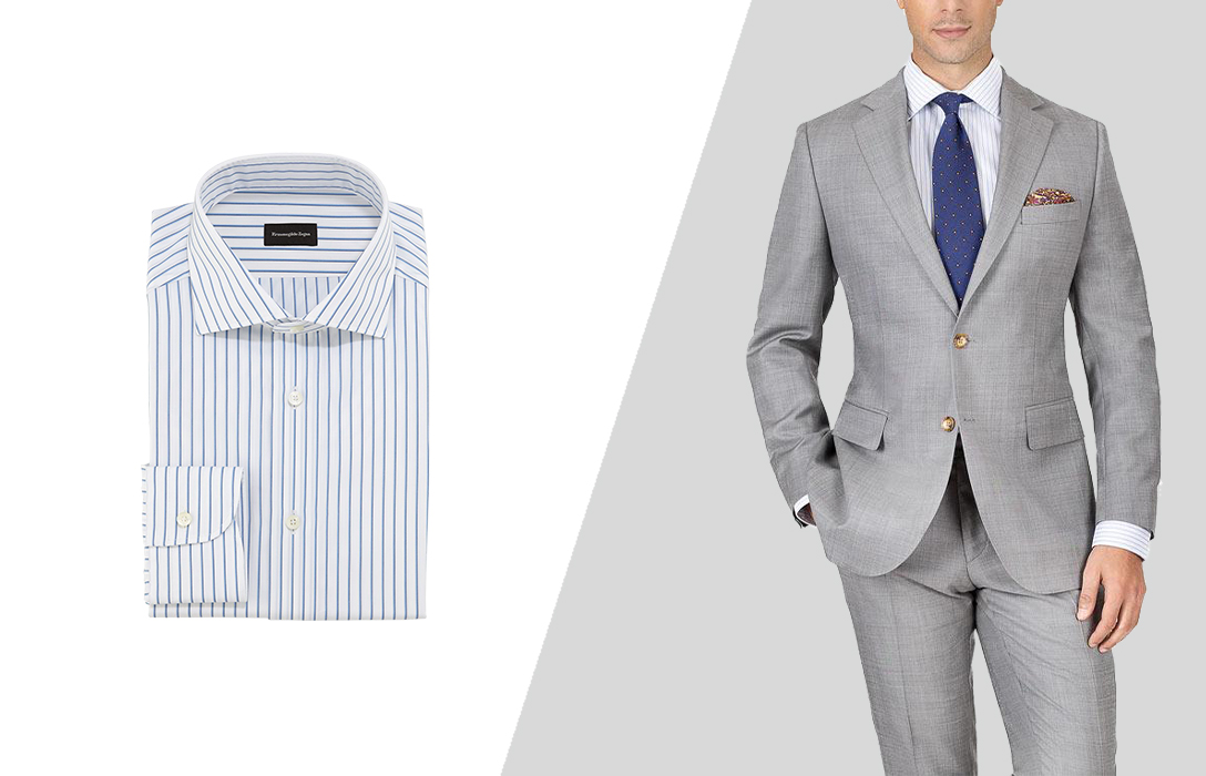 how to wear light grey wool suit with striped dress shirt