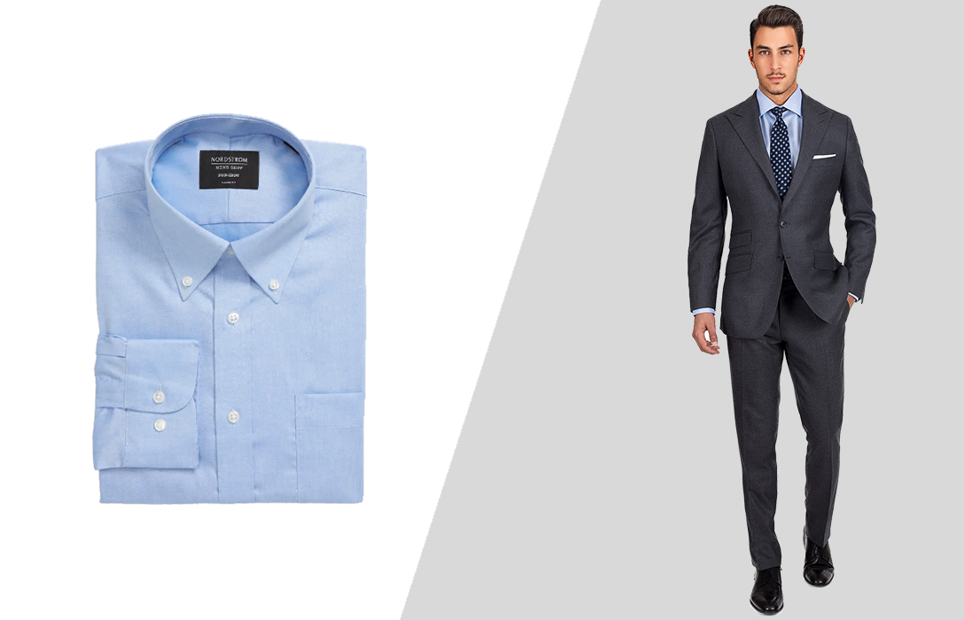 how to wear medium blue dress shirt with charcoal grey suit