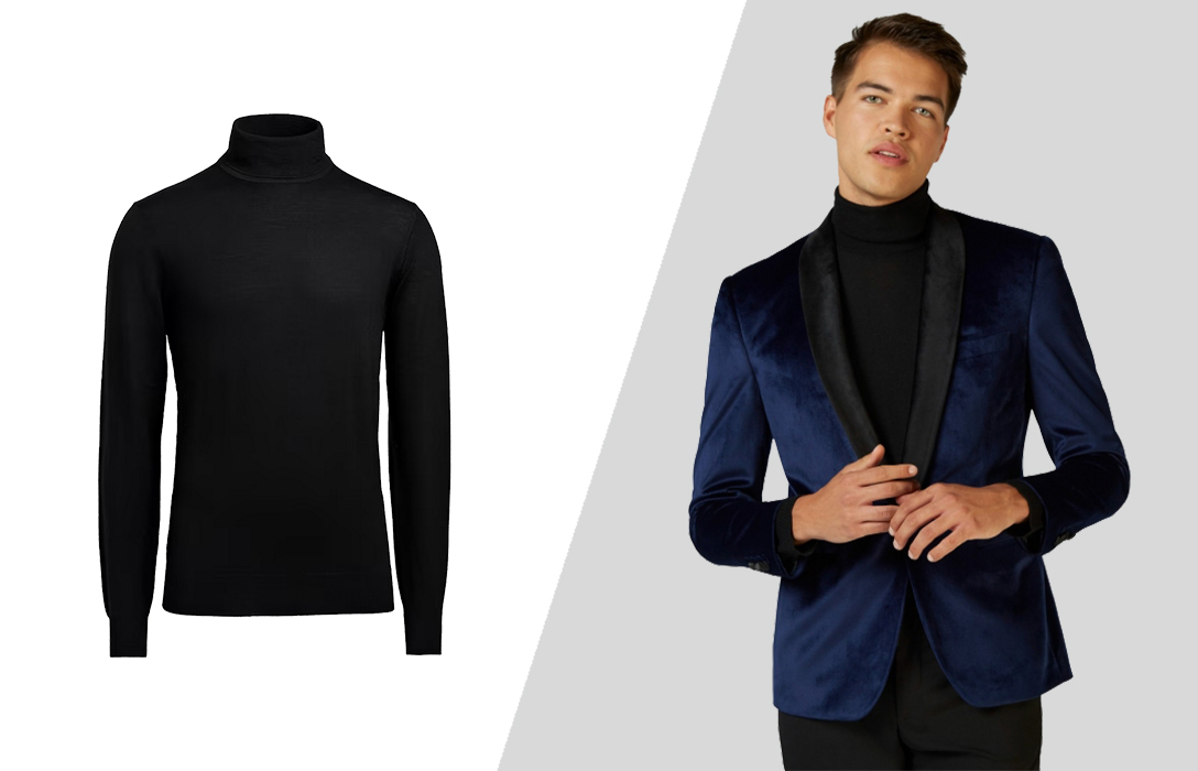 midnight blue velvet suit jacket with black roll neck