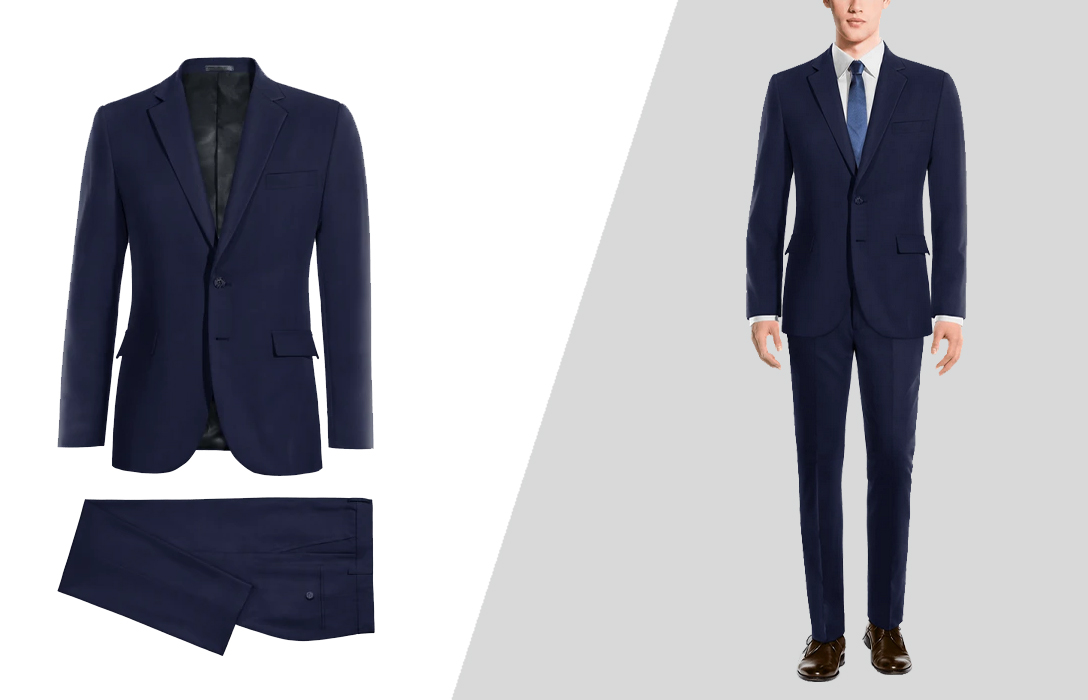 how to wear navy blue polyester suit