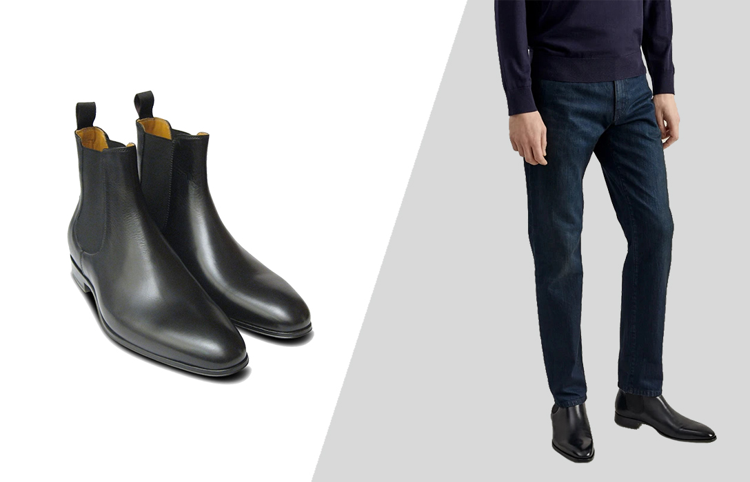 how to wear navy jeans and black Chelsea boots