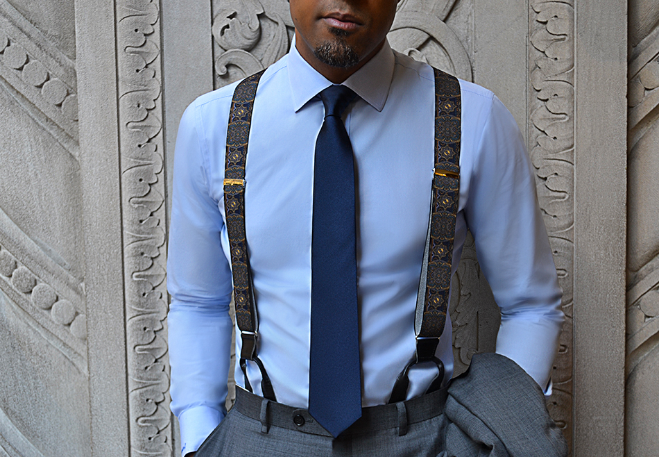 how to wear patterned suspenders with solid blue shirt