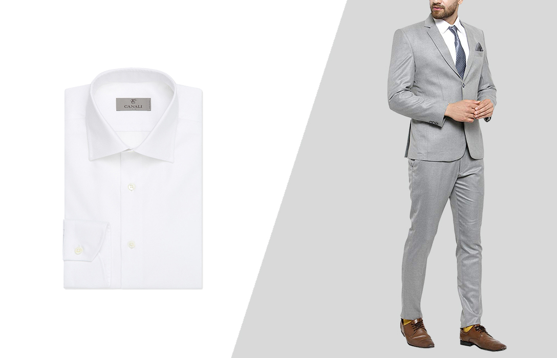 how to wear small waive white dress shirt with grey suit