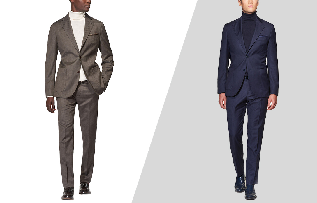 different ways to match suit and a turtleneck sweater