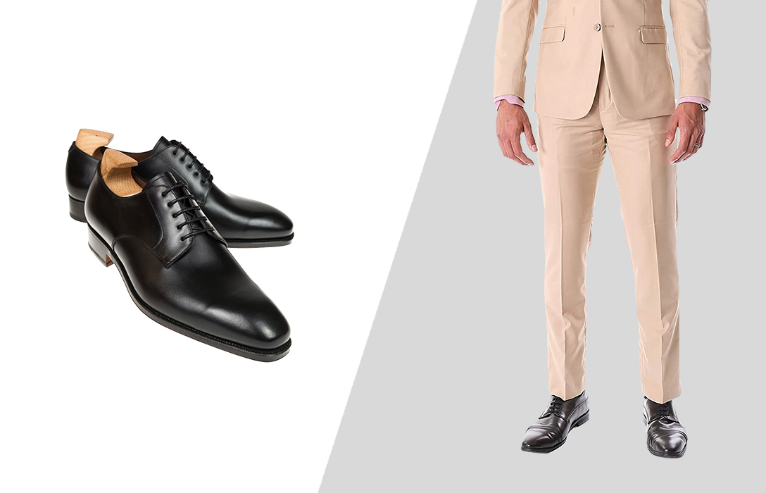 how to wear tan trousers and black Derby shoes