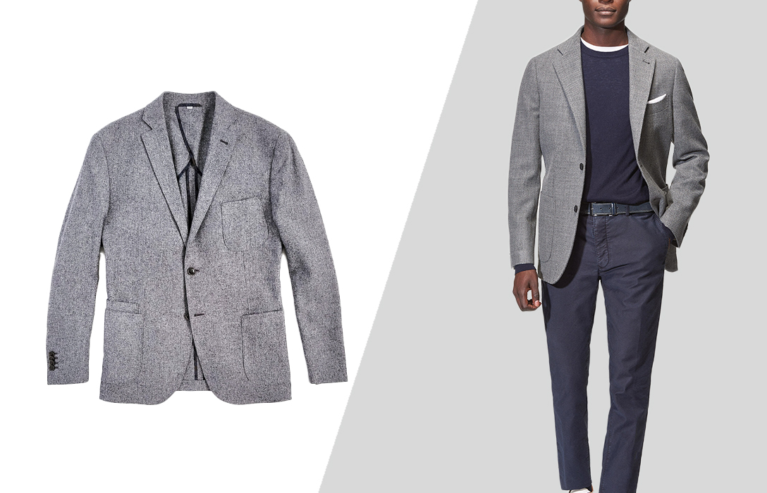 unconstructed grey blazer and navy chino pants