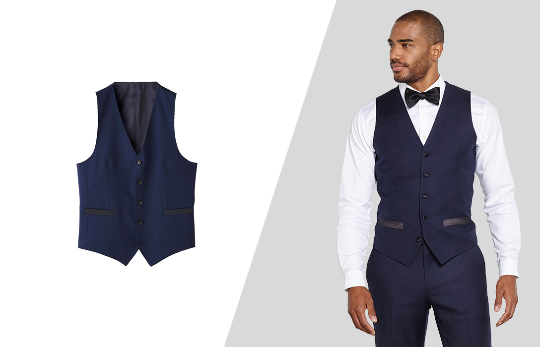 White tux with deals navy blue vest