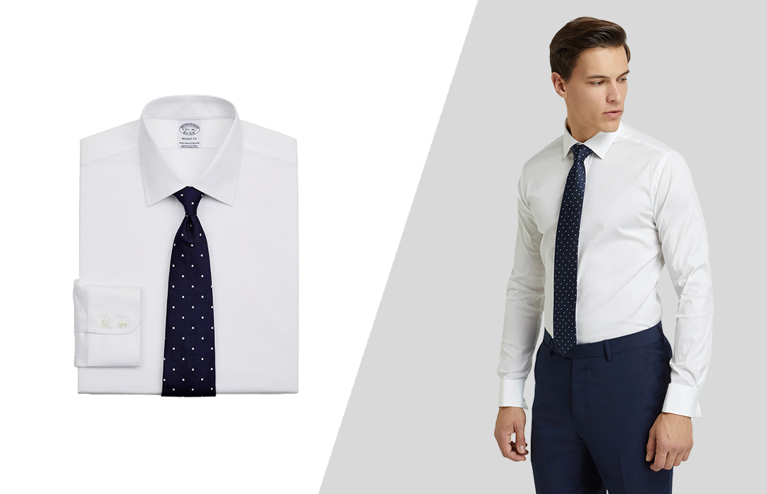how to wear a white dress shirt with patterned navy tie