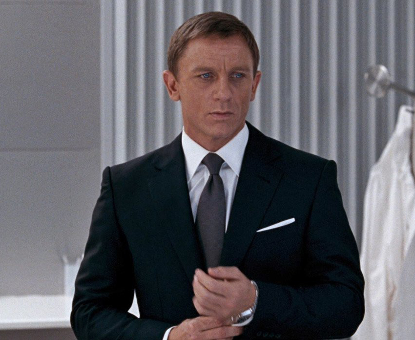 James Bond wears charcoal suit and white shirt in Quantum of Solace
