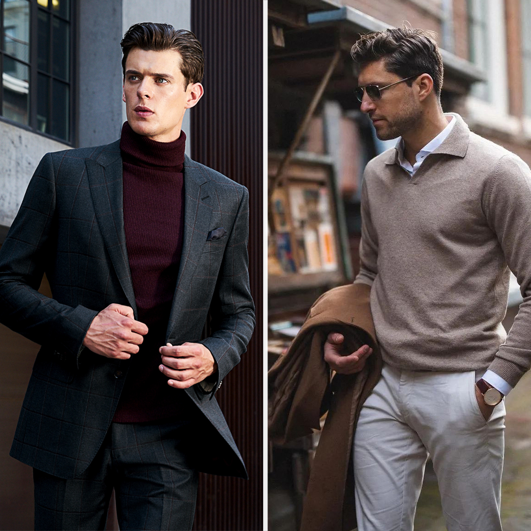 layering suit over turtleneck vs. sweater over shirt